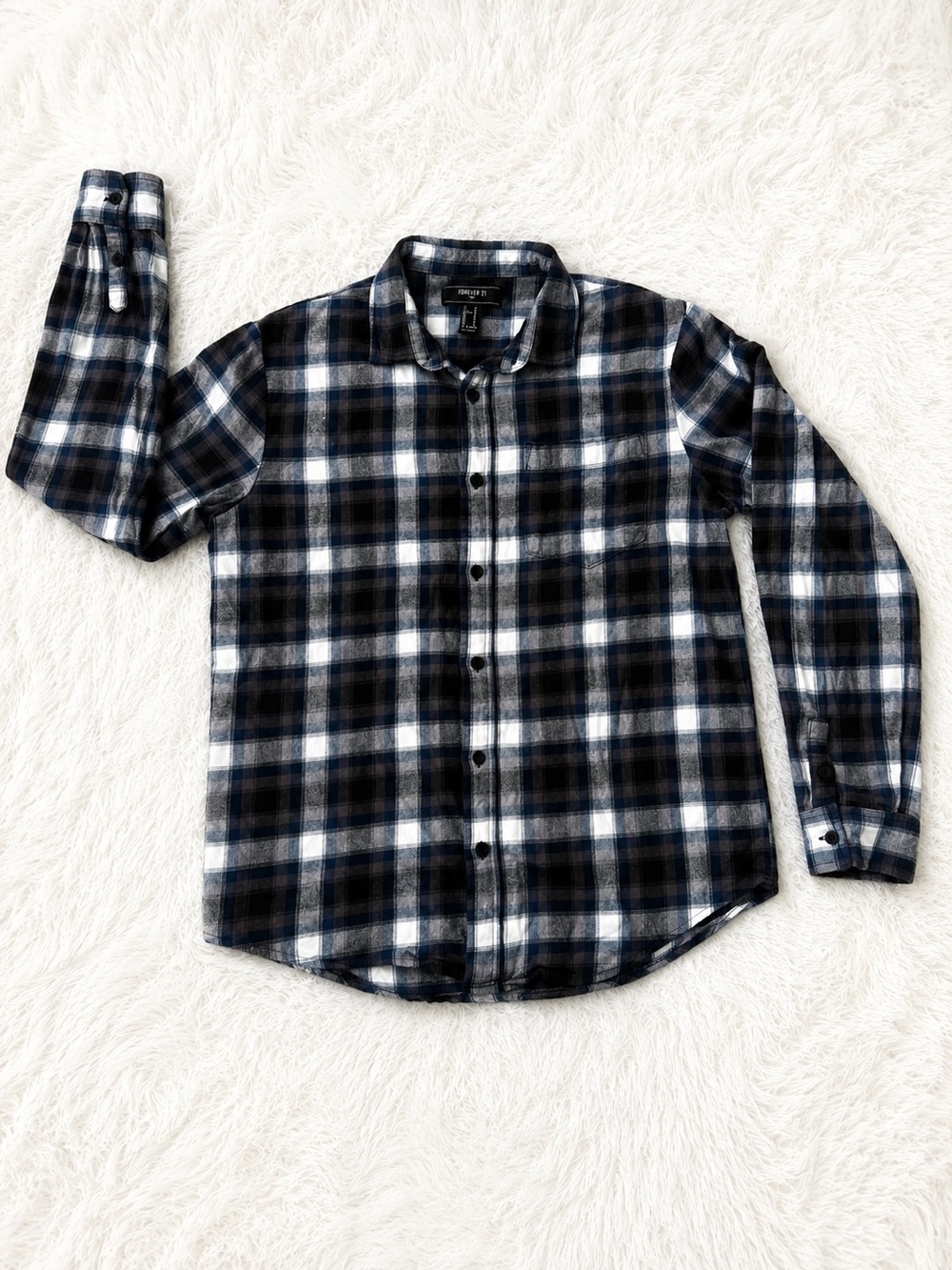 Forever 21 Men Plaid Flannel Button Down Shirt Blue Gray Size Medium
